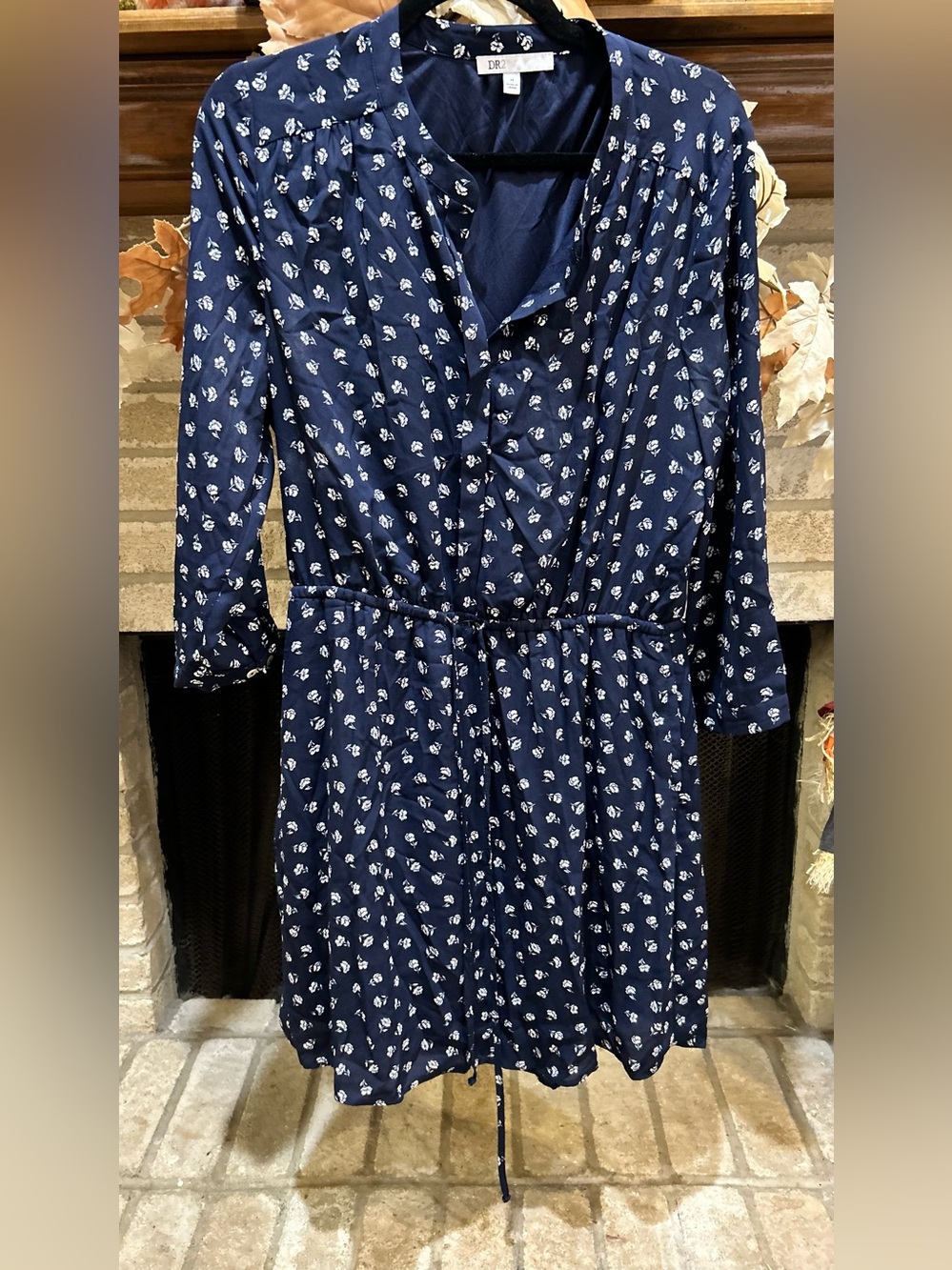 DR2 Navy Blue Floral Tie-Waist Long Sleeve Dress EUC